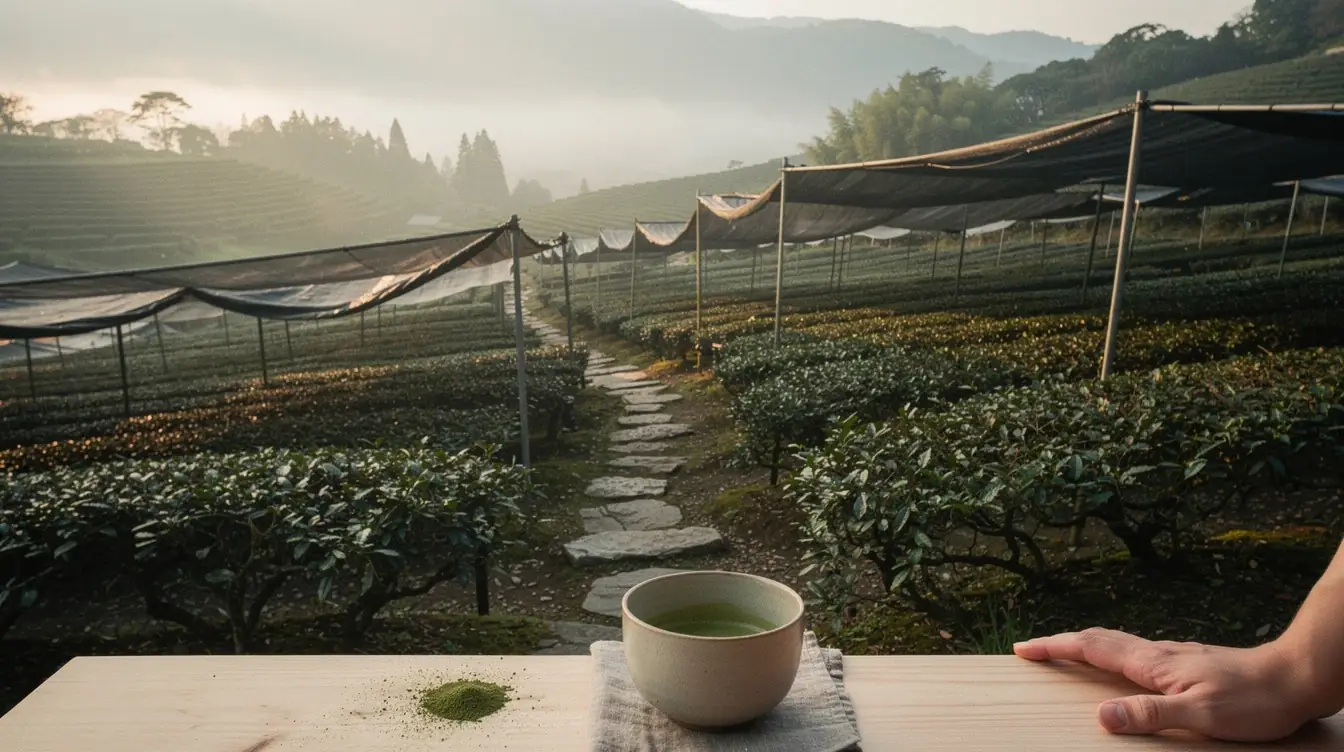Tea bushes under black shade cloth on a misty hillside near Uji