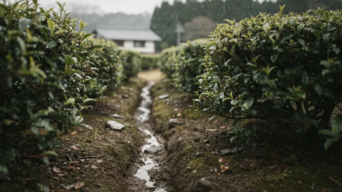 A muddy furrow between rows of tea bushes after rain in Kagoshima