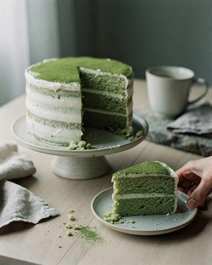 A matcha layer cake with one slice cut