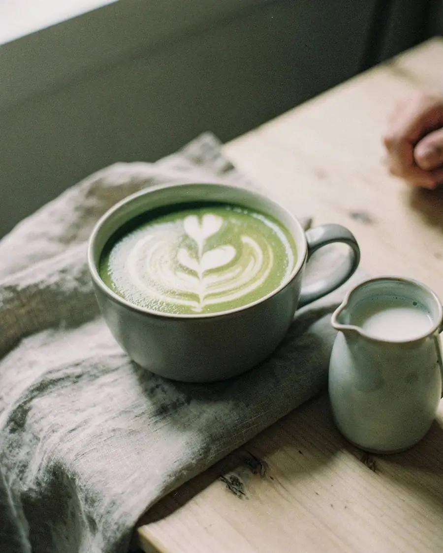 A hot matcha latte with latte art in a matte ceramic cup