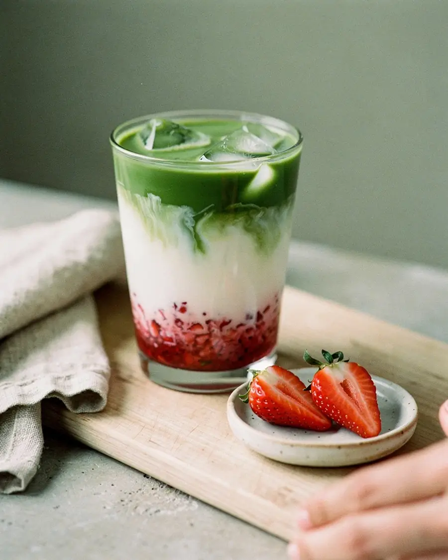 A layered strawberry matcha latte with fresh strawberries